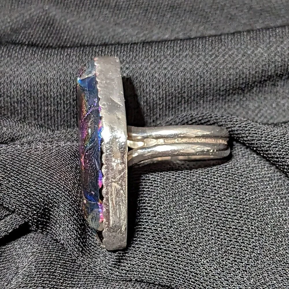 WOW Signed Purple Magenta Dichroic RULA GLASS Sterling Silver Ring Sz 9.5 19.4mm
